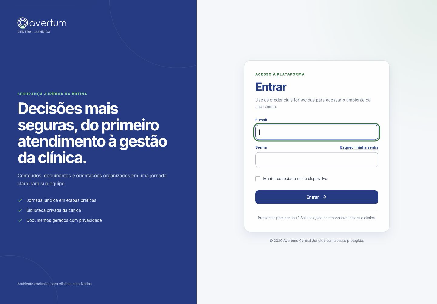 Tela atual de acesso protegido à plataforma Avertum